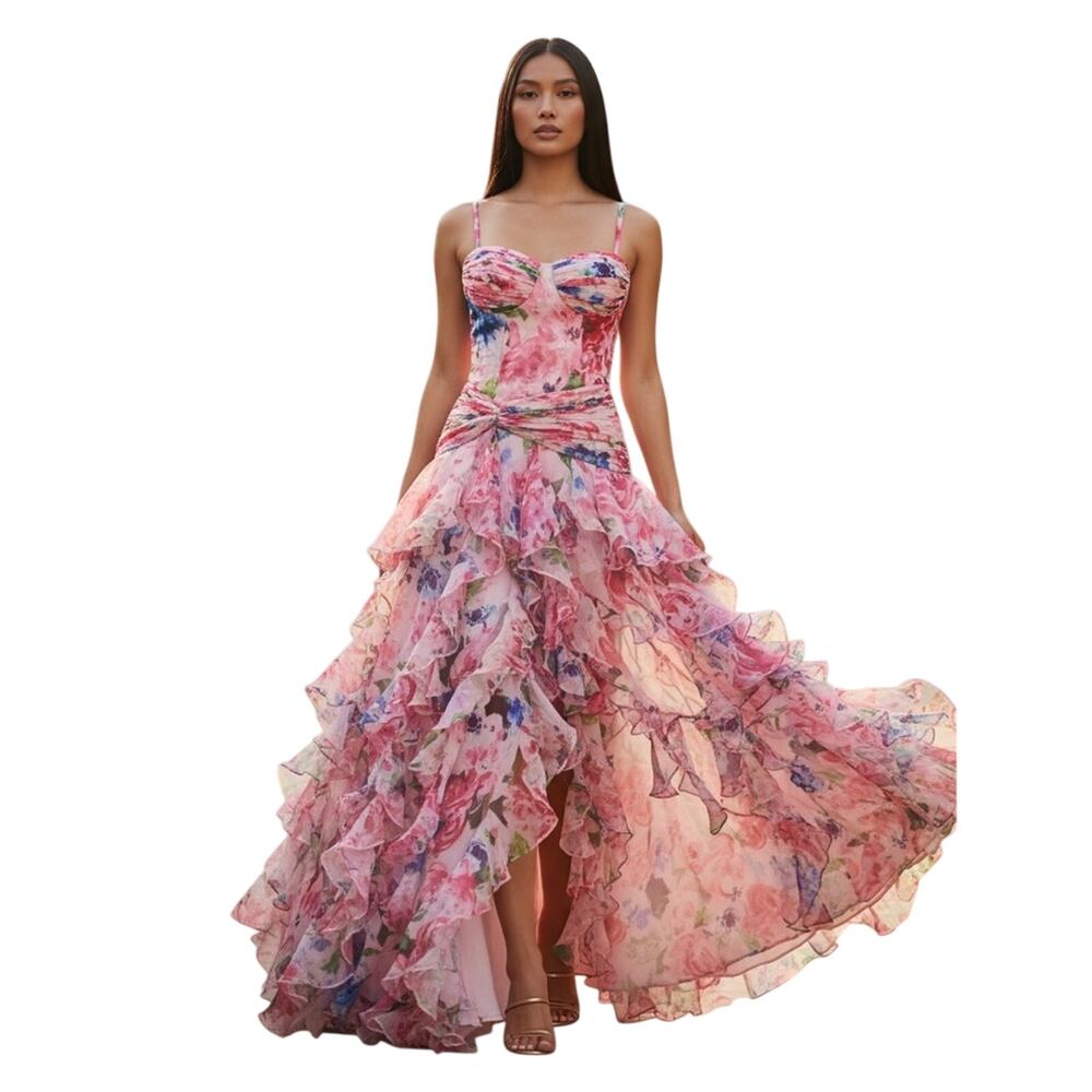 Dress the Population $448 Lux Ruffle Evening floral Gown in Pink Rose Multi M